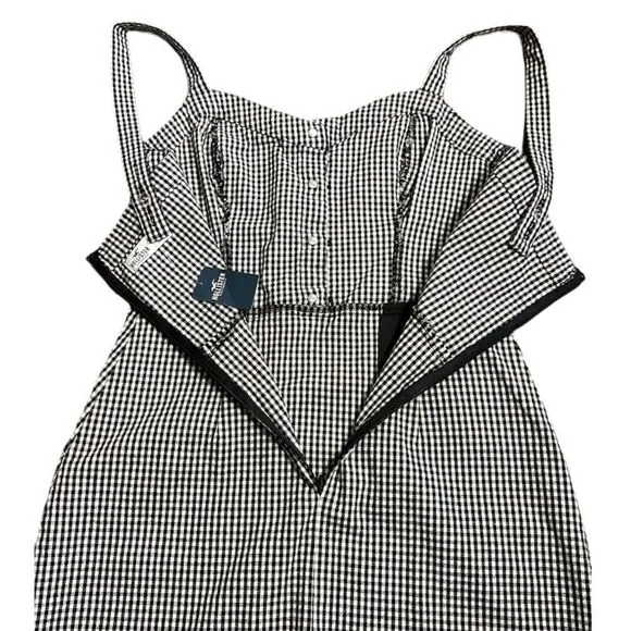 HOLLISTER Sweetheart Neck Stretch Denim Jumper Mini Dress Black &amp; White Gingham