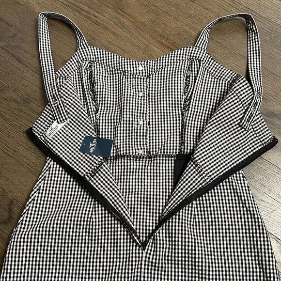 HOLLISTER Sweetheart Neck Stretch Denim Jumper Mini Dress Black &amp; White Gingham