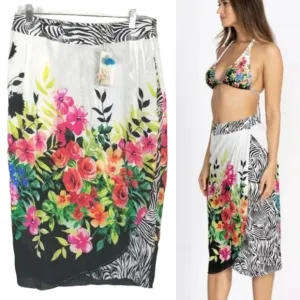 Johnny Was NWT Rayon Wrap Midi Skirt Floral Zebra Print Size Large Beach Cover