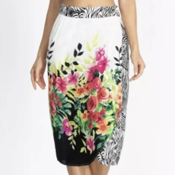 Johnny Was NWT Rayon Wrap Midi Skirt Floral Zebra Print Size Large Beach Cover