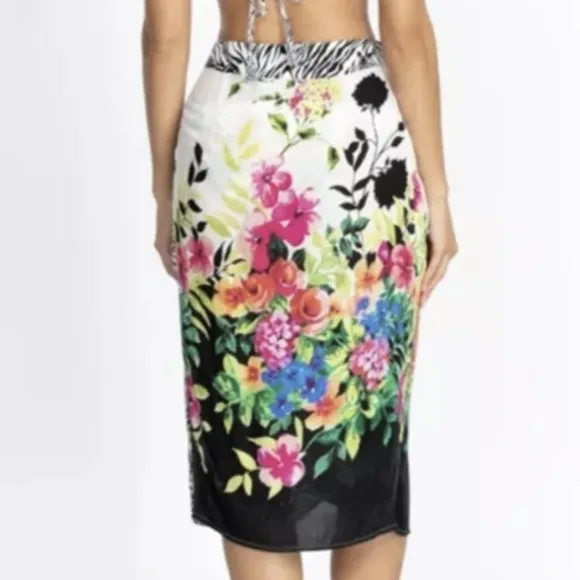 Johnny Was NWT Rayon Wrap Midi Skirt Floral Zebra Print Size Large Beach Cover