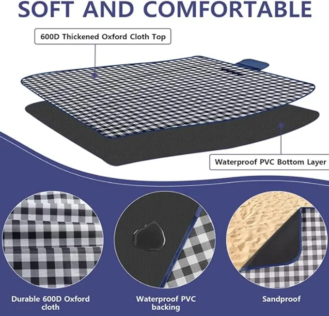 K Y KANGYUN Outdoor Picnic Blanket 80" x 80", Extra Large Beach Blanket, Foldable Lightweight Waterproof Sand Mat, Picnic Blanket for Beach Camping Hiking Park Patio (Dark Blue, 80x80 inch)