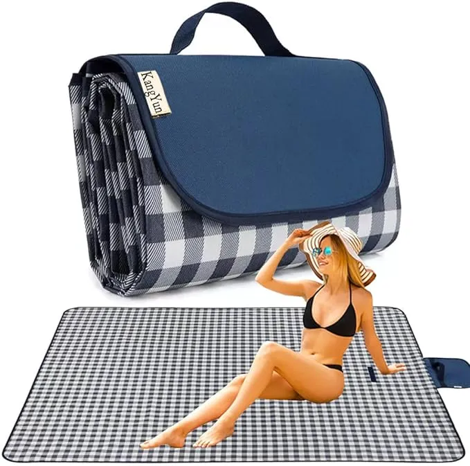 K Y KANGYUN Outdoor Picnic Blanket 80" x 80", Extra Large Beach Blanket, Foldable Lightweight Waterproof Sand Mat, Picnic Blanket for Beach Camping Hiking Park Patio (Dark Blue, 80x80 inch)