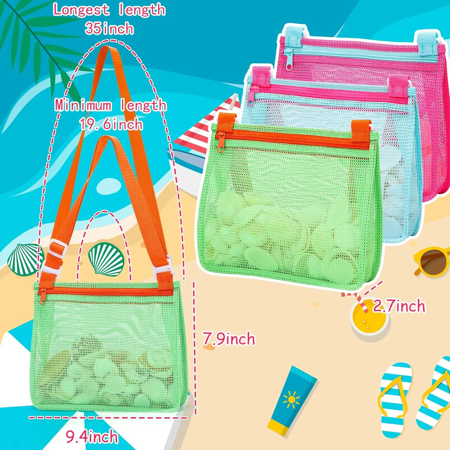 Kids' Mesh Beach Bags for Shell Hunting, Sand Play & Treasure Storage - Fun & Durable Beach Essentials (3-Pack)