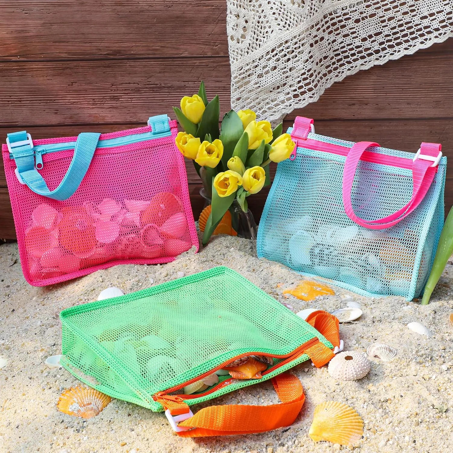 Kids' Mesh Beach Bags for Shell Hunting, Sand Play & Treasure Storage - Fun & Durable Beach Essentials (3-Pack)