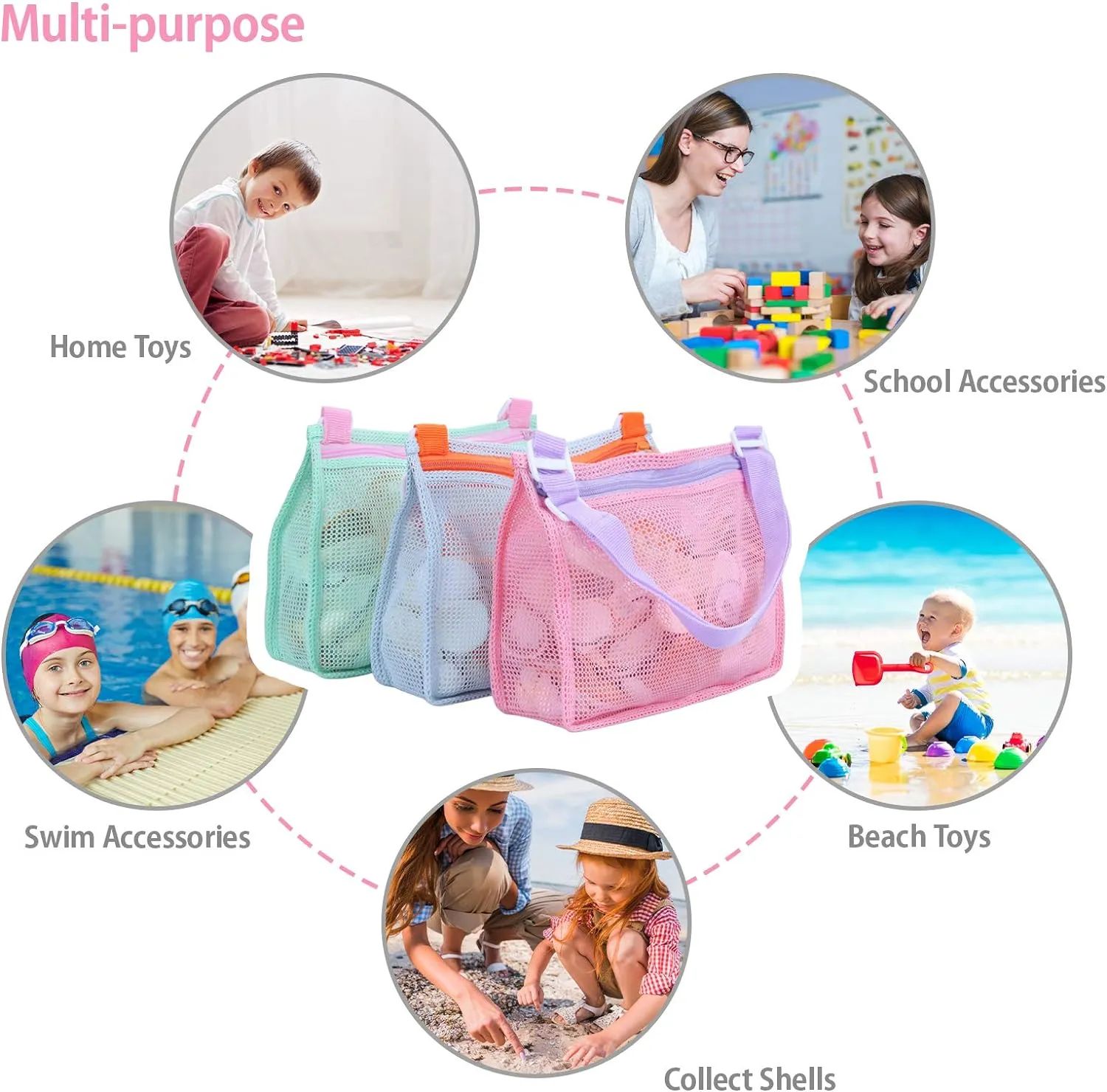 Kids' Mesh Beach Bags for Shell Hunting, Sand Play & Treasure Storage - Fun & Durable Beach Essentials (3-Pack)