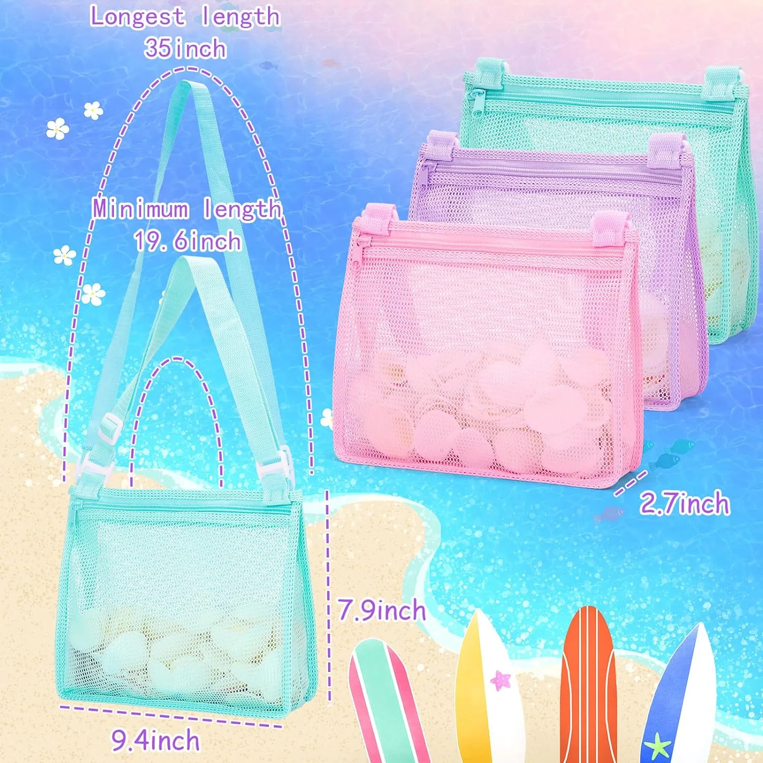 Kids' Mesh Beach Bags for Shell Hunting, Sand Play & Treasure Storage - Fun & Durable Beach Essentials (3-Pack)