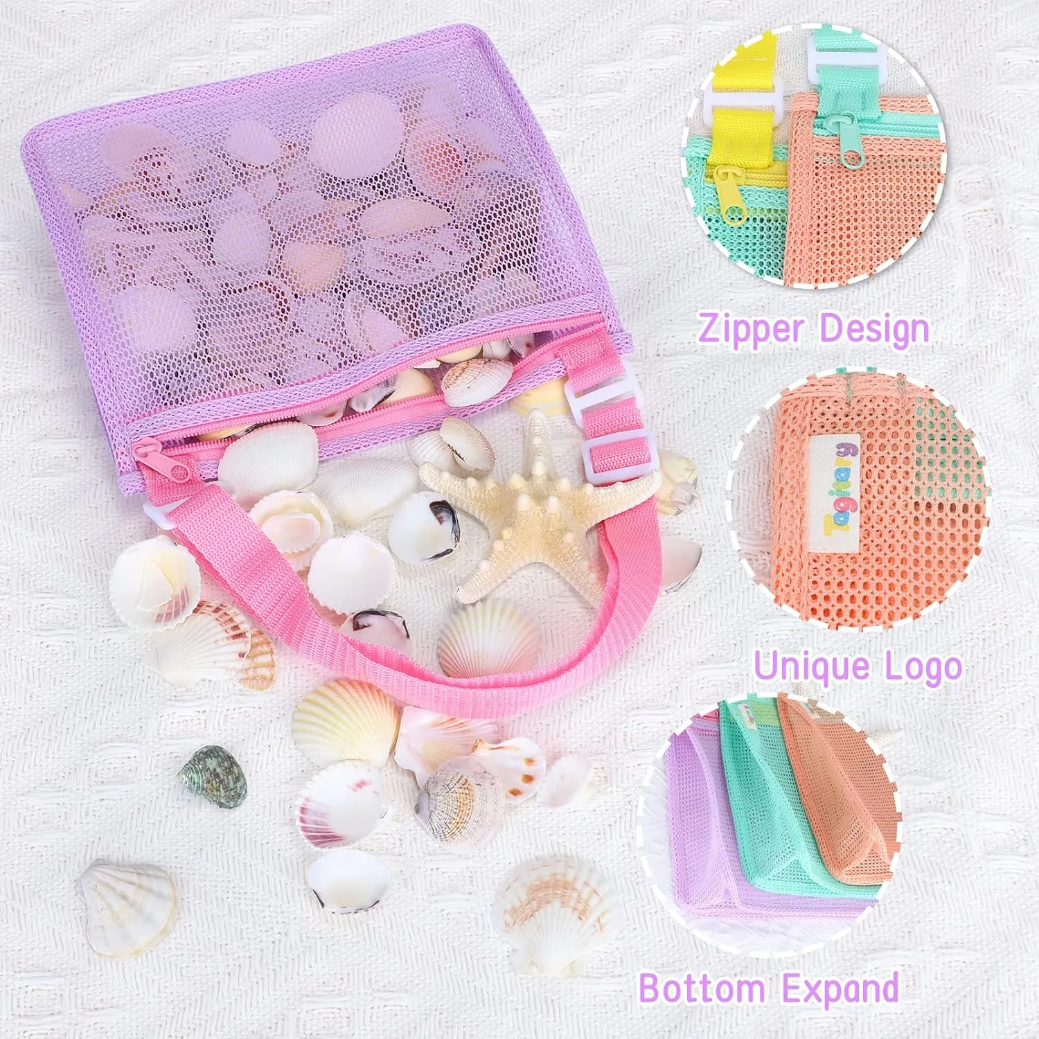 Kids' Mesh Beach Bags for Shell Hunting, Sand Play & Treasure Storage - Fun & Durable Beach Essentials (3-Pack)