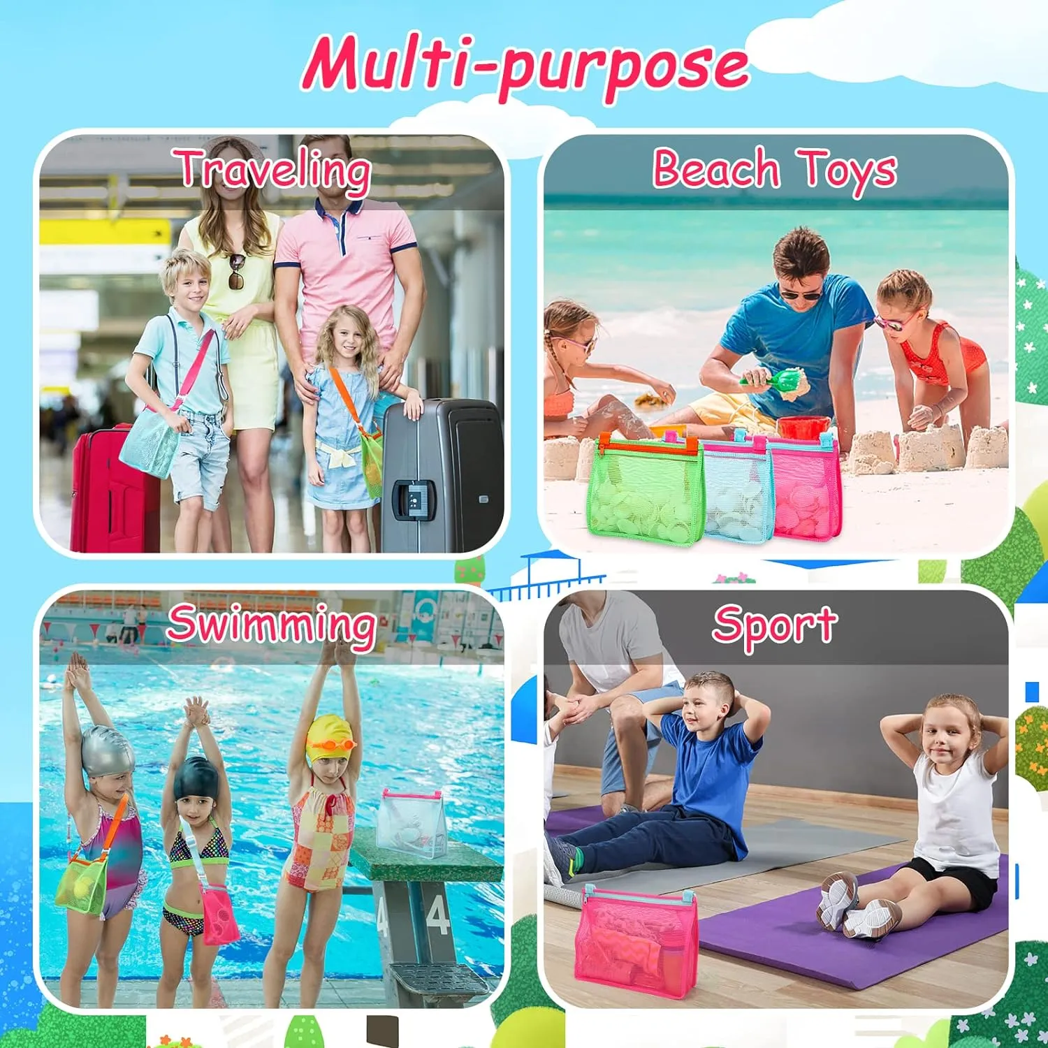 Kids' Mesh Beach Bags for Shell Hunting, Sand Play & Treasure Storage - Fun & Durable Beach Essentials (3-Pack)