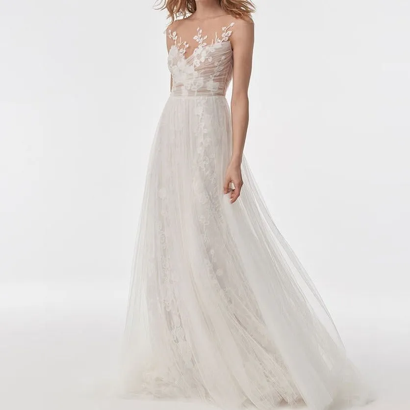 Lace wedding gauze backless small trailing tail