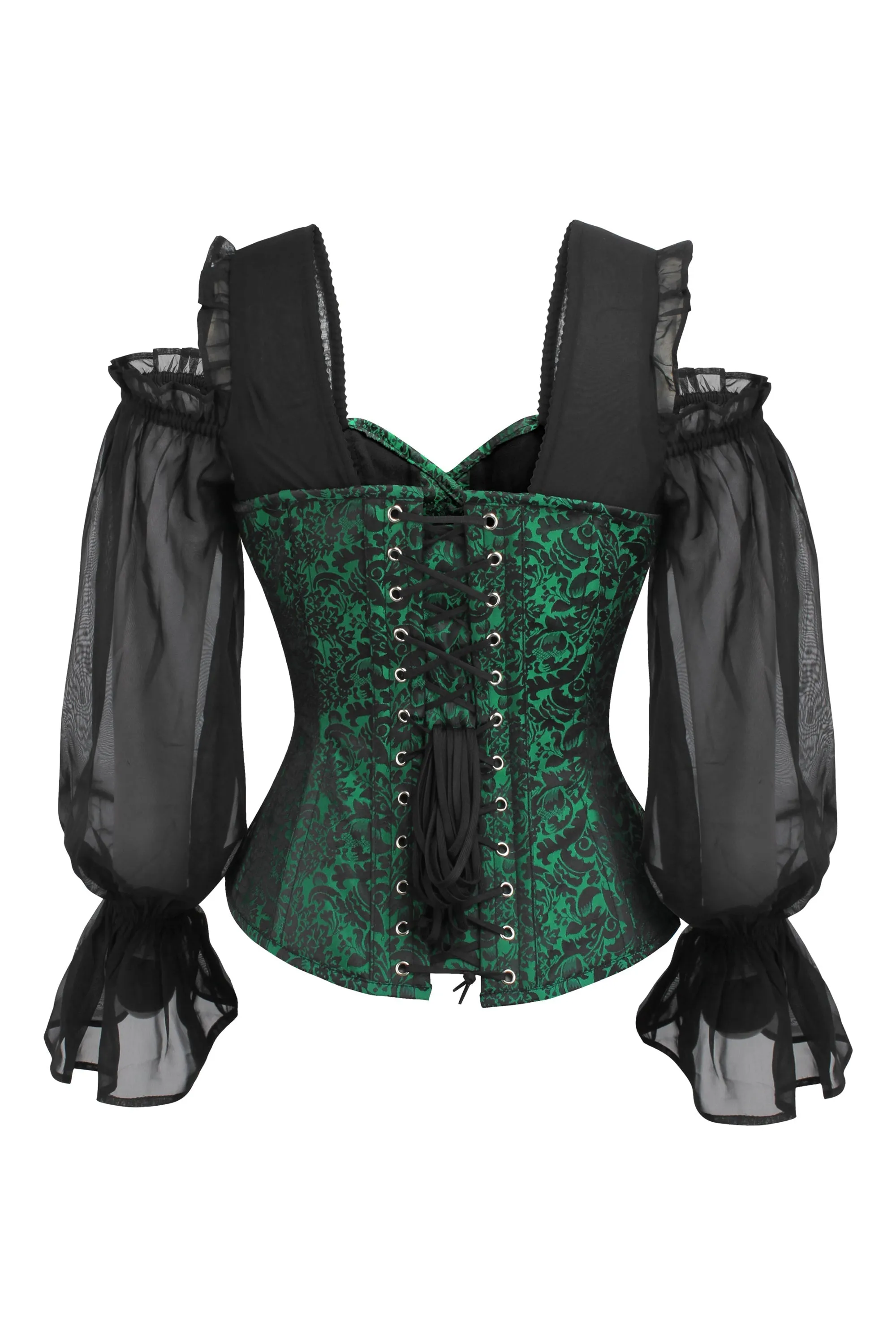Long sleeve Green and Black Brocade Corset Top with Chiffon Sleeves