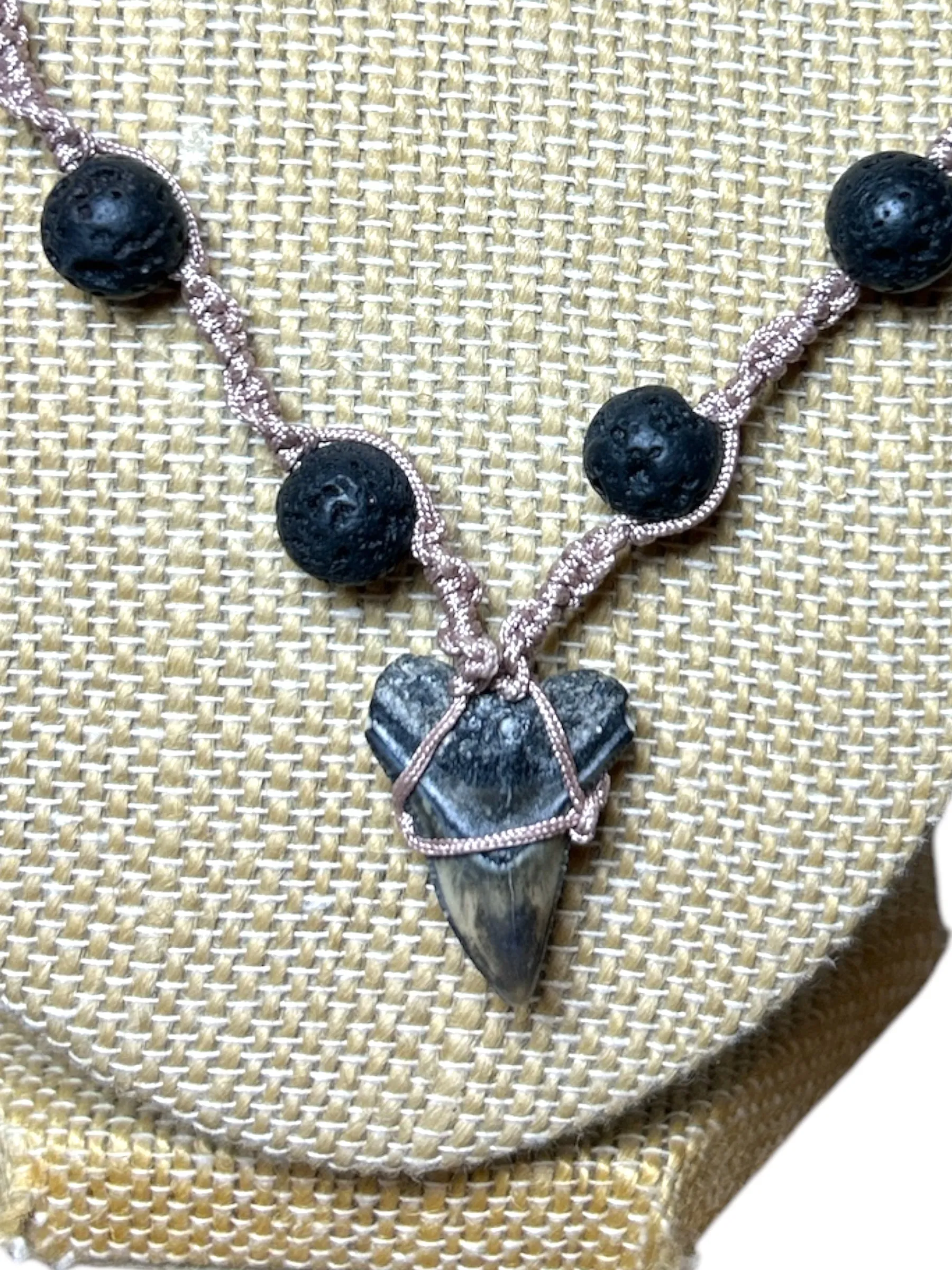 Macrame Necklace: Shark Tooth Lava Rock