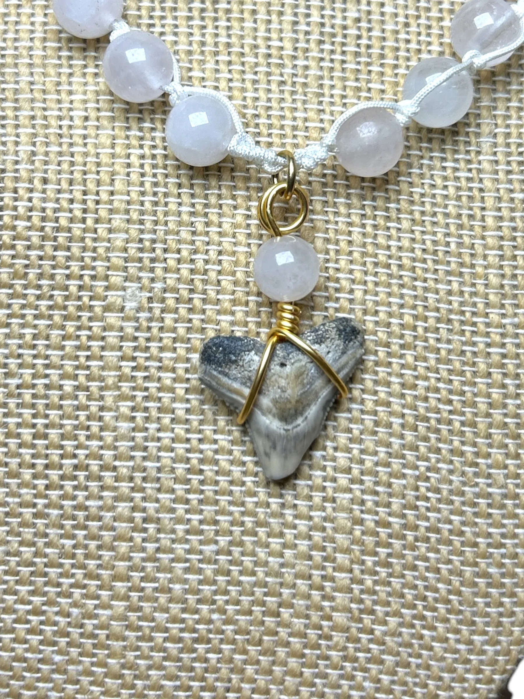 Macrame Necklace: Shark Tooth Rose Quartz