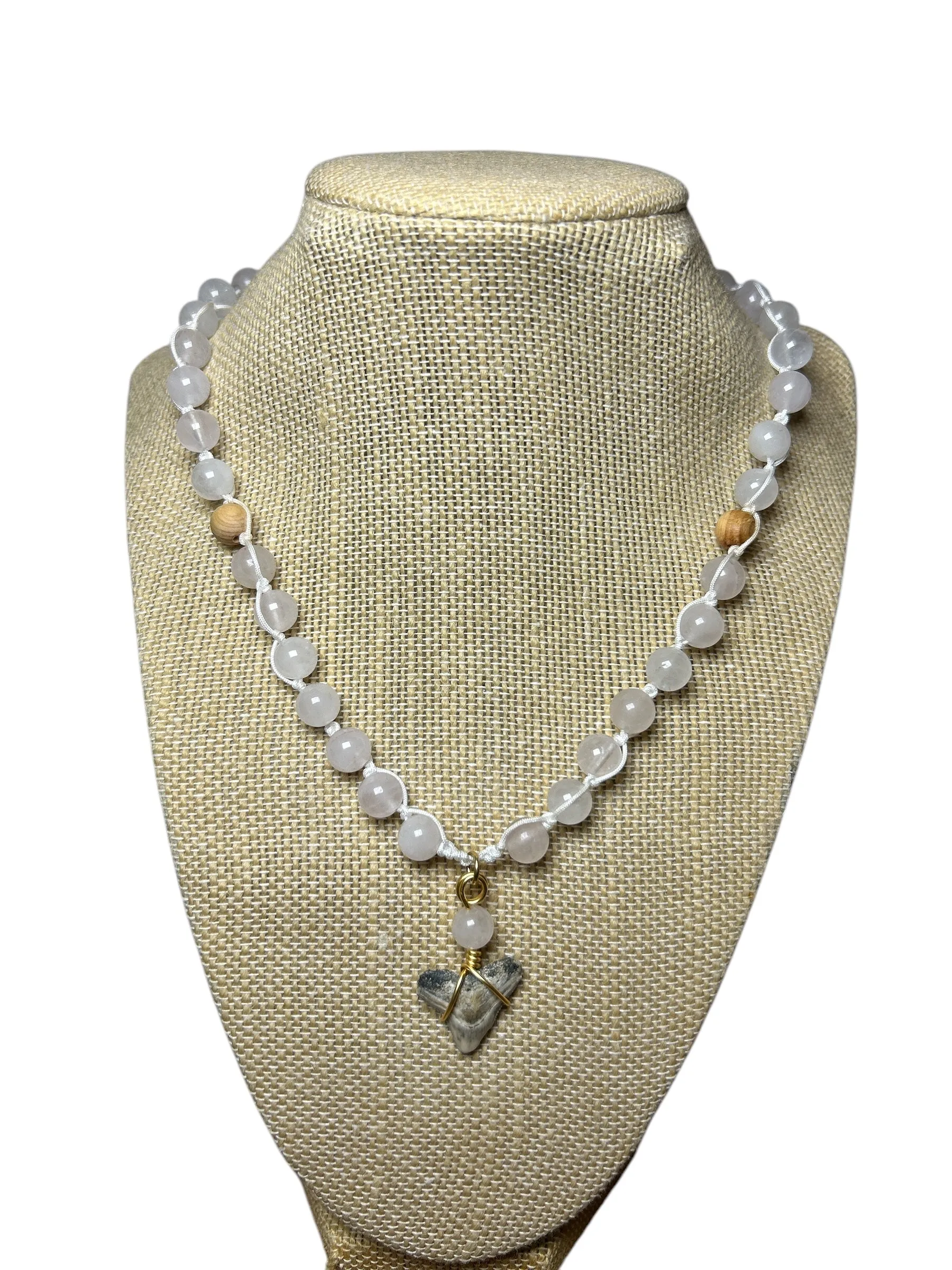 Macrame Necklace: Shark Tooth Rose Quartz