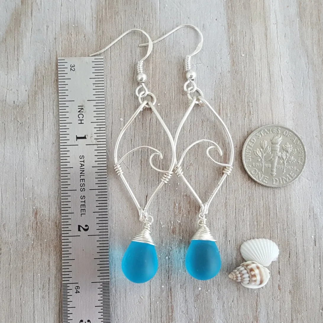 Made in Hawaii, "Twin Tiny Waves" Turquoise Bay blue sea glass earrings,    Beach jewelry gift.