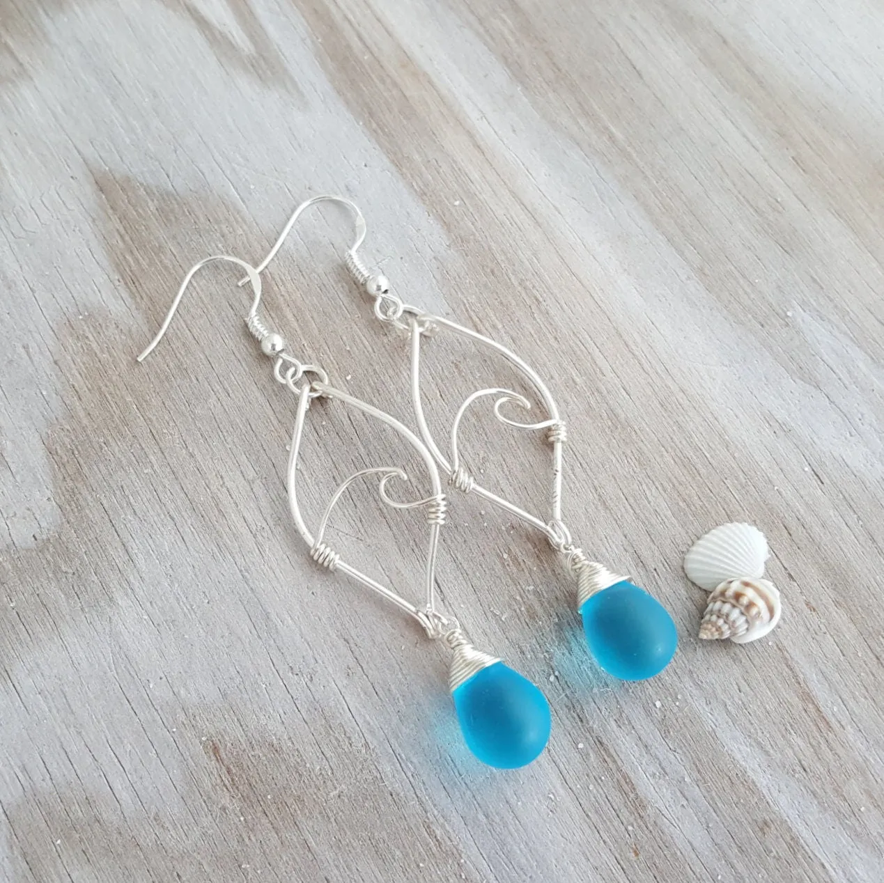 Made in Hawaii, "Twin Tiny Waves" Turquoise Bay blue sea glass earrings,    Beach jewelry gift.