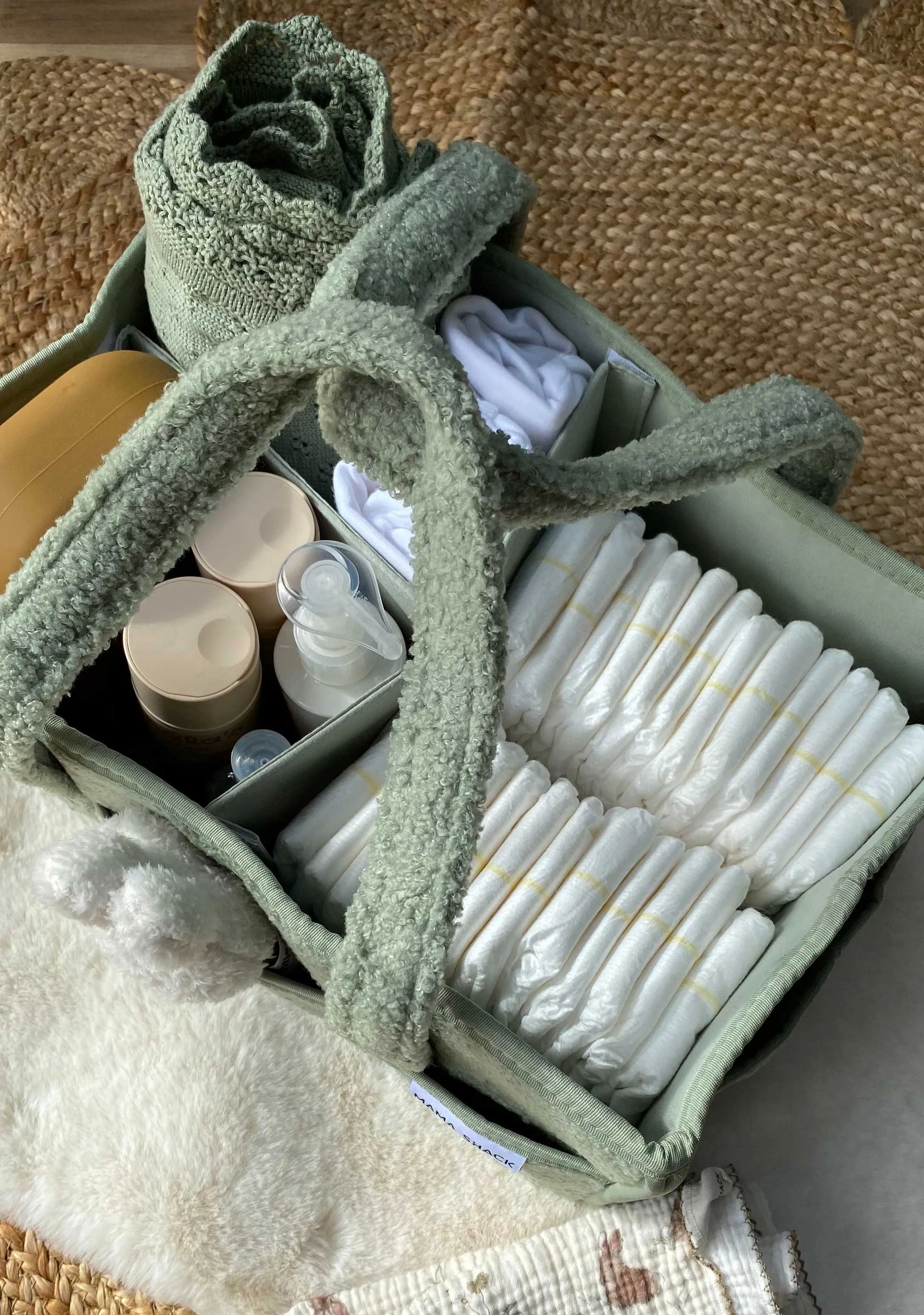 Nappy Caddy with Pockets - Teddy Fleece - Sage