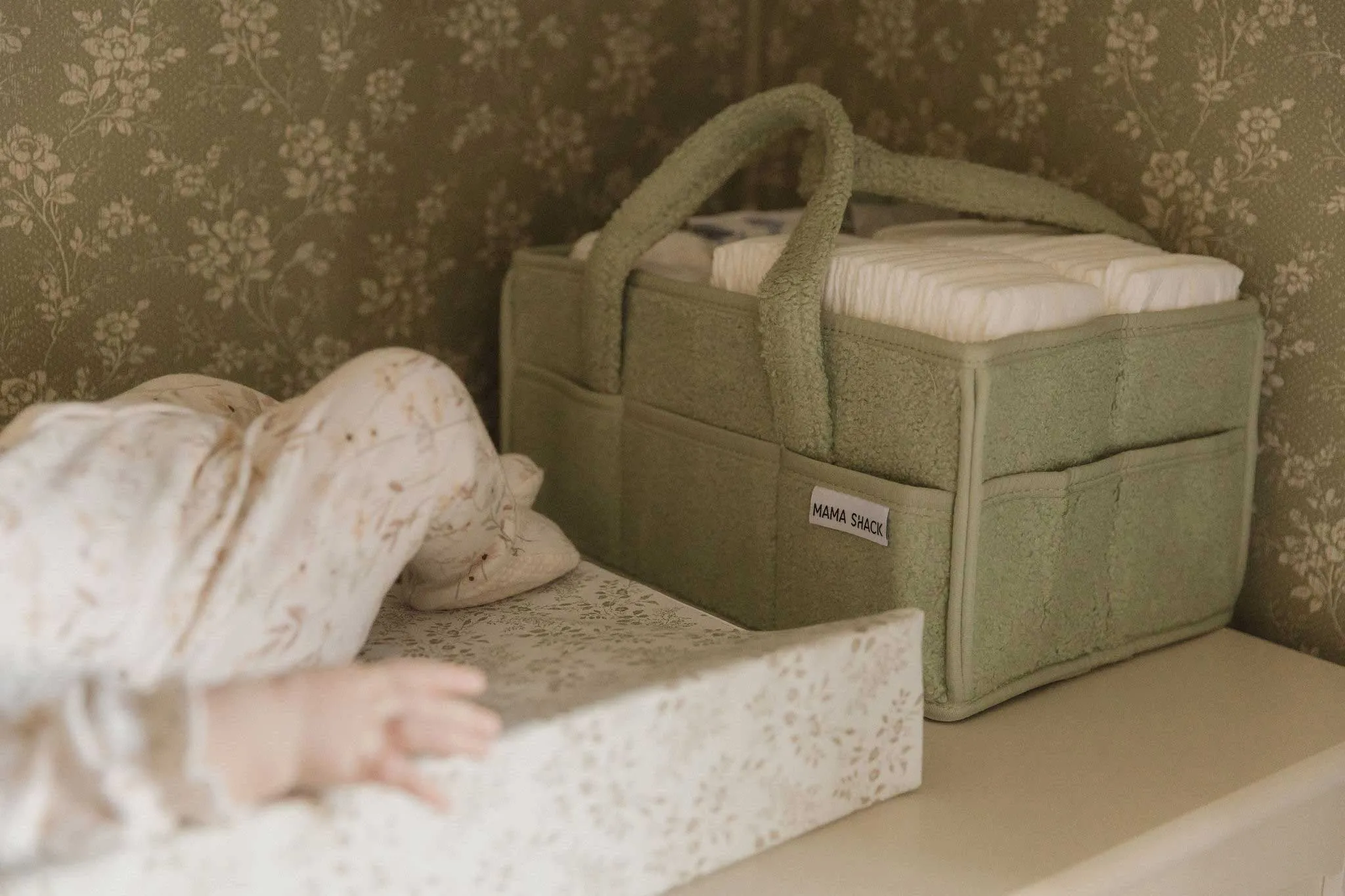 Nappy Caddy with Pockets - Teddy Fleece - Sage