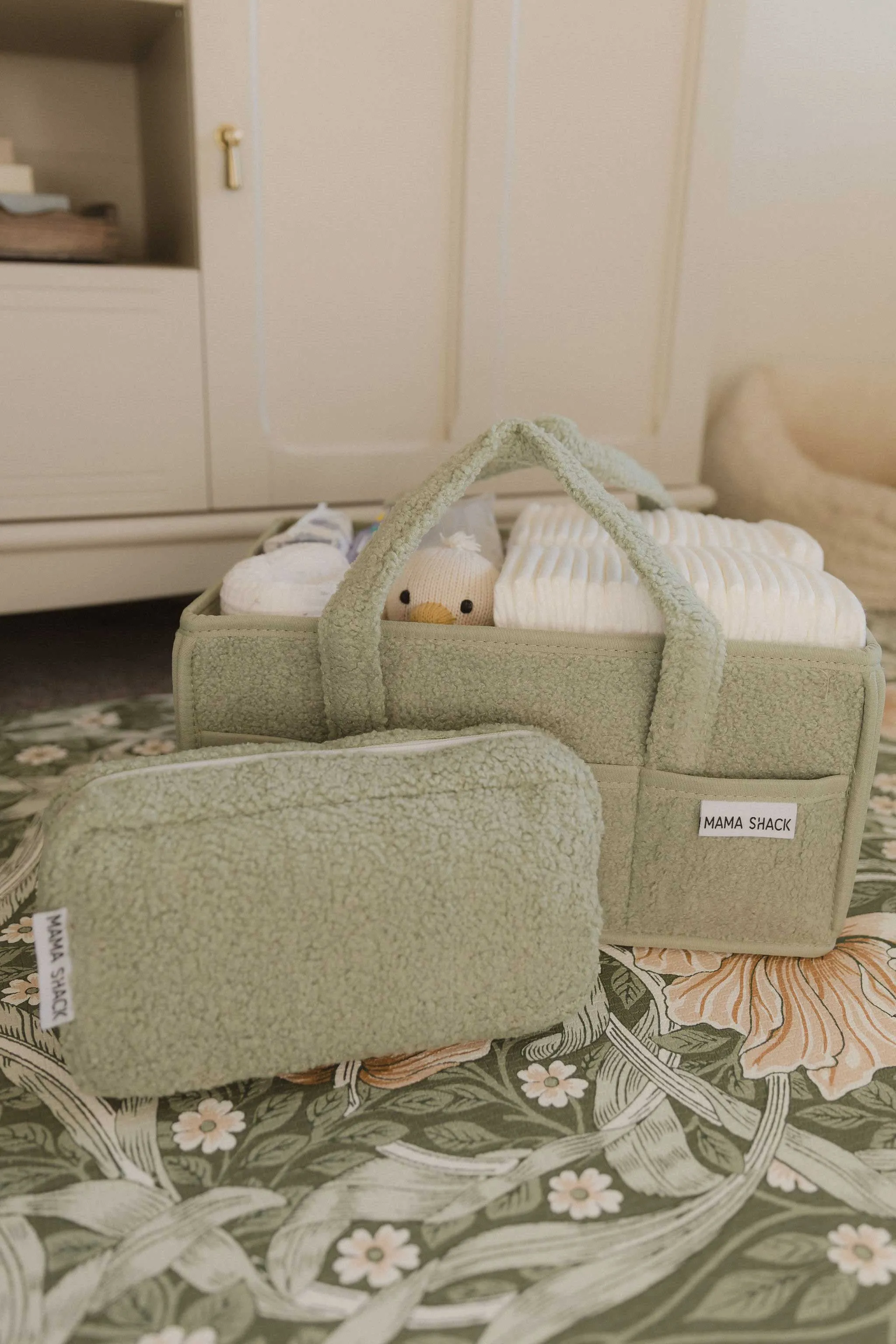 Nappy Caddy with Pockets - Teddy Fleece - Sage