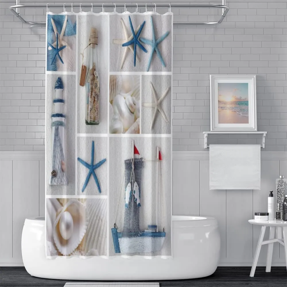 NEW Beach Stitching Theme Shower Curtain Sets with Hooks Marine Starfish Conch Shell Beach Drifting Bottle Sail Boat Nautical Lighthouse Bathroom Decor Waterproof Fabric Shower Curtains 72x72 inch