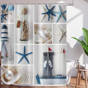 NEW Beach Stitching Theme Shower Curtain Sets with Hooks Marine Starfish Conch Shell Beach Drifting Bottle Sail Boat Nautical Lighthouse Bathroom Decor Waterproof Fabric Shower Curtains 72x72 inch