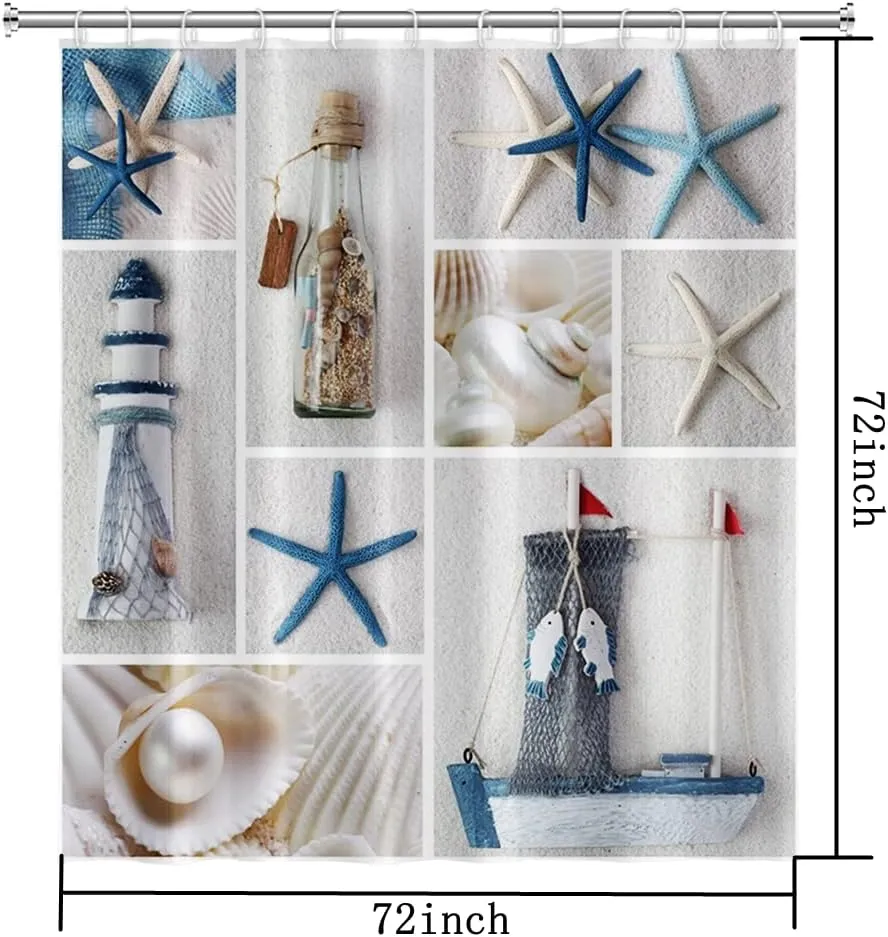 NEW Beach Stitching Theme Shower Curtain Sets with Hooks Marine Starfish Conch Shell Beach Drifting Bottle Sail Boat Nautical Lighthouse Bathroom Decor Waterproof Fabric Shower Curtains 72x72 inch
