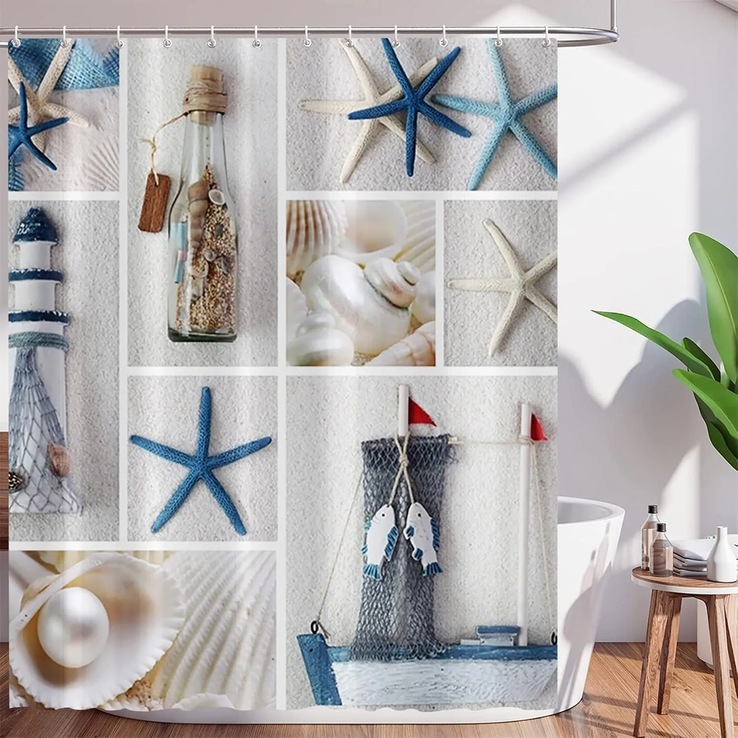 NEW Beach Stitching Theme Shower Curtain Sets with Hooks Marine Starfish Conch Shell Beach Drifting Bottle Sail Boat Nautical Lighthouse Bathroom Decor Waterproof Fabric Shower Curtains 72x72 inch