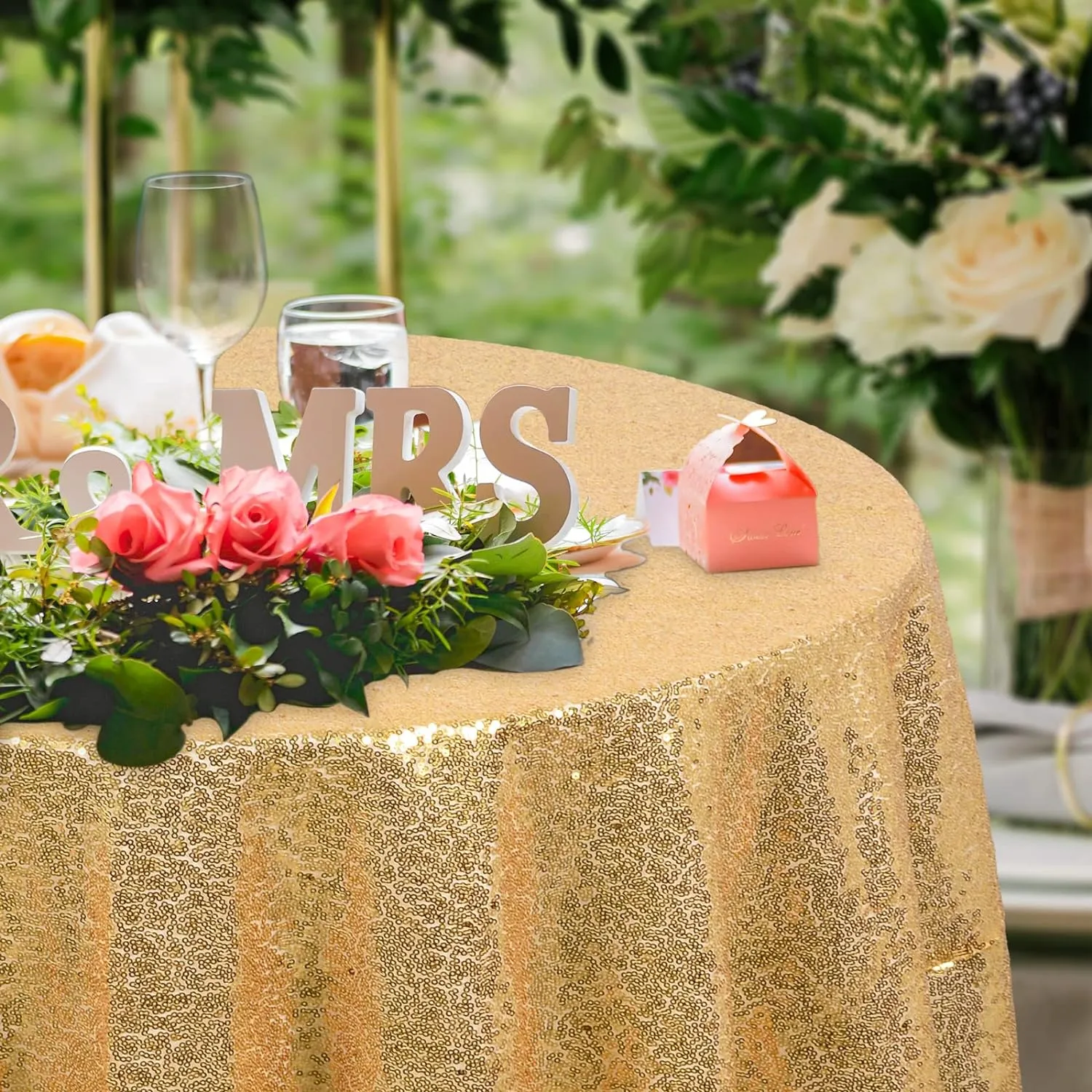 NEW DUOBAO Gold Sequin Tablecloth Round 60 Inches Shimmer Gold Table Cloth Happy Birthday Decor Gold Tablecloth Overlay Round Round Gold Tablecloth for Wedding Glitter Tablecloth Overlay