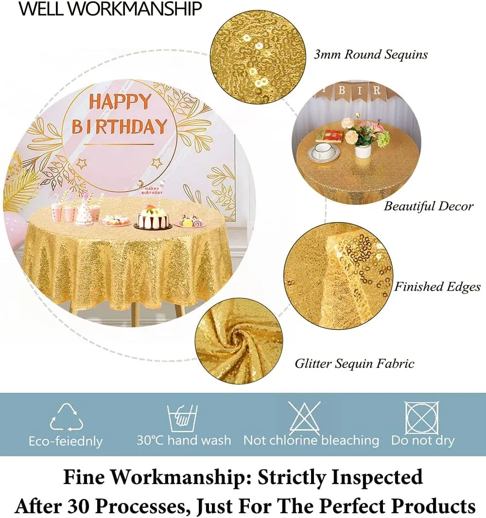 NEW DUOBAO Gold Sequin Tablecloth Round 60 Inches Shimmer Gold Table Cloth Happy Birthday Decor Gold Tablecloth Overlay Round Round Gold Tablecloth for Wedding Glitter Tablecloth Overlay