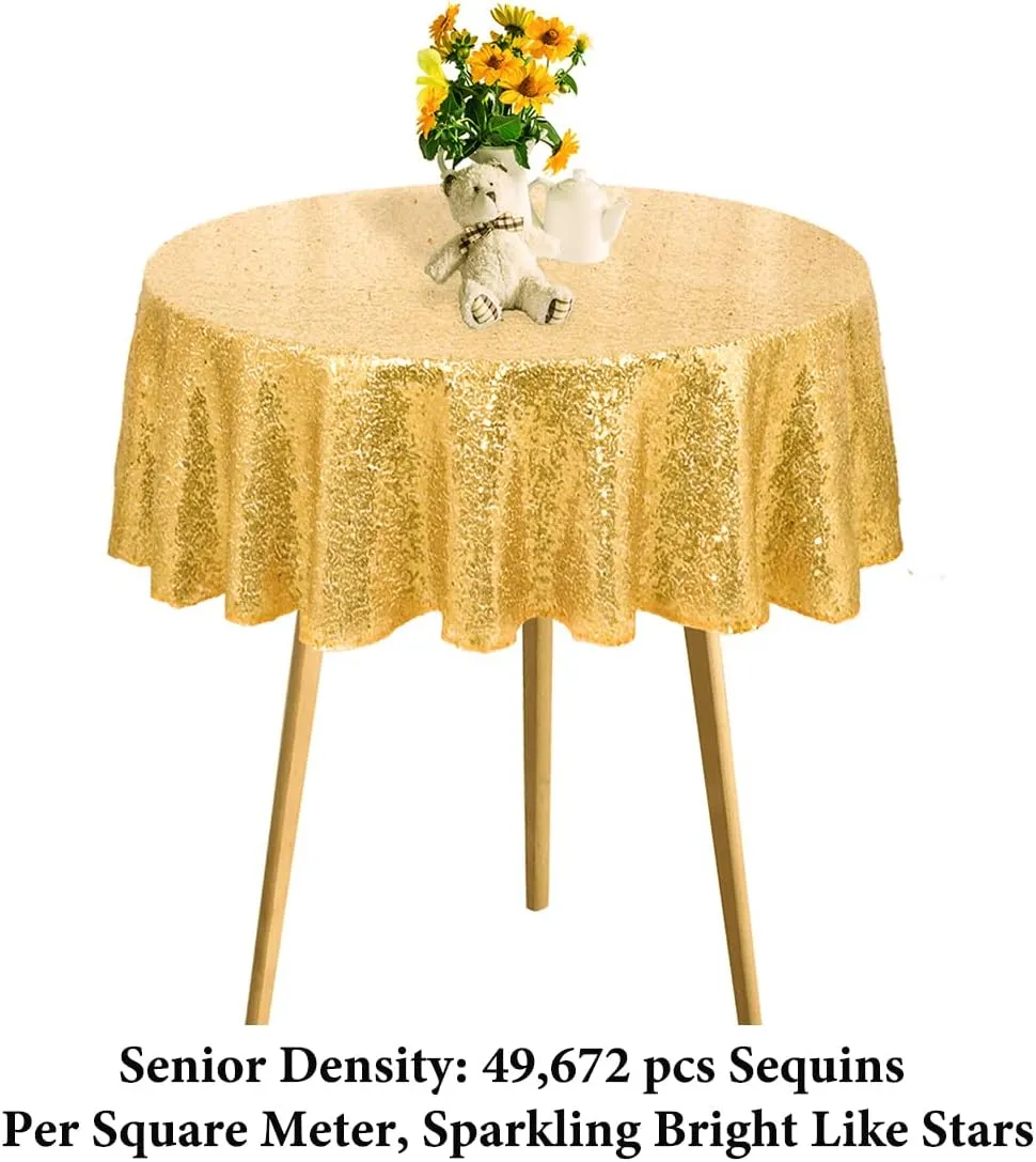 NEW DUOBAO Gold Sequin Tablecloth Round 60 Inches Shimmer Gold Table Cloth Happy Birthday Decor Gold Tablecloth Overlay Round Round Gold Tablecloth for Wedding Glitter Tablecloth Overlay