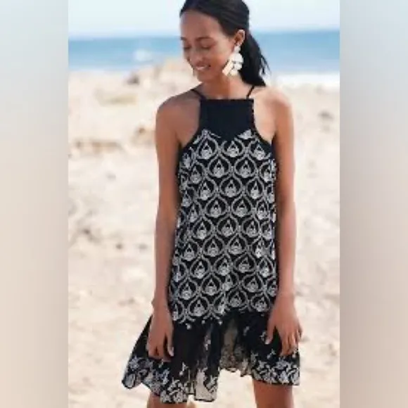 NWT!! Anthropologie SHEER EMBROIDERED MINI DRESS. Size M. Black Embroidered.