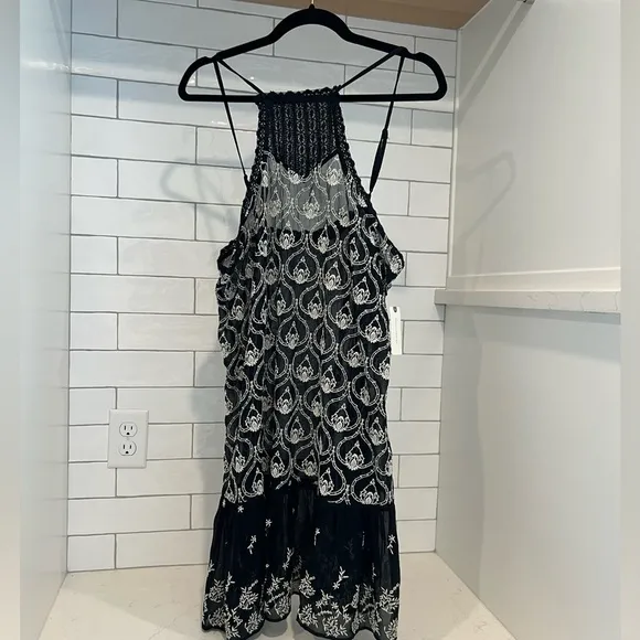 NWT!! Anthropologie SHEER EMBROIDERED MINI DRESS. Size M. Black Embroidered.