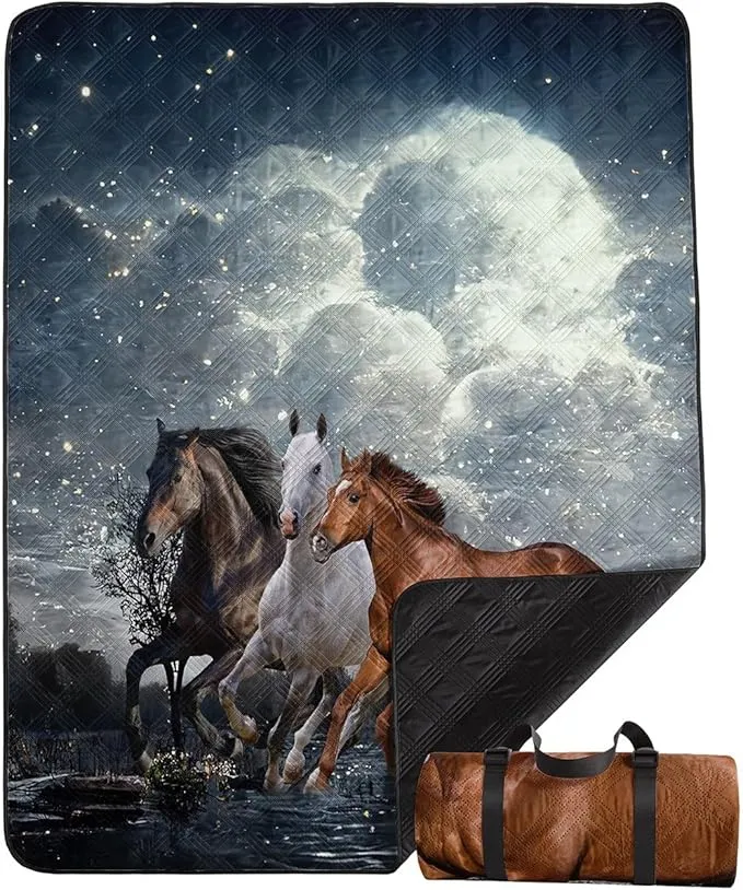 Outdoor Picnic Blanket Portable Ultrasonic Waterproof Picnic Mat 3D Horses Printed Camping Beach Mat for Sand and Wet Grass Hiking (3D Horses S)