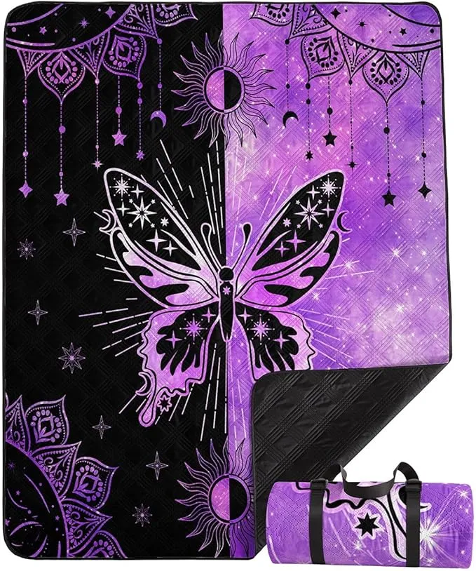 Outdoor Picnic Blanket Portable Ultrasonic Waterproof Picnic Mat Symmetrical Butterfly Printed Camping Beach Mat for Sand and Wet Grass Hiking (Symmetrical Butterfly L)