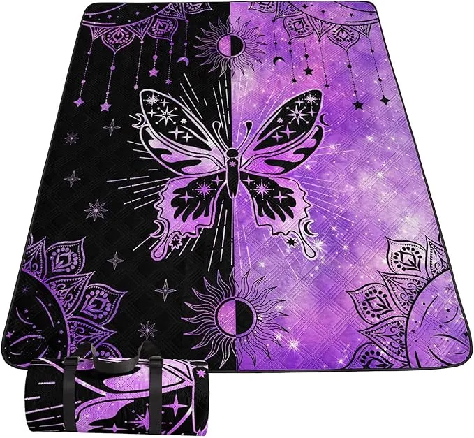 Outdoor Picnic Blanket Portable Ultrasonic Waterproof Picnic Mat Symmetrical Butterfly Printed Camping Beach Mat for Sand and Wet Grass Hiking (Symmetrical Butterfly L)
