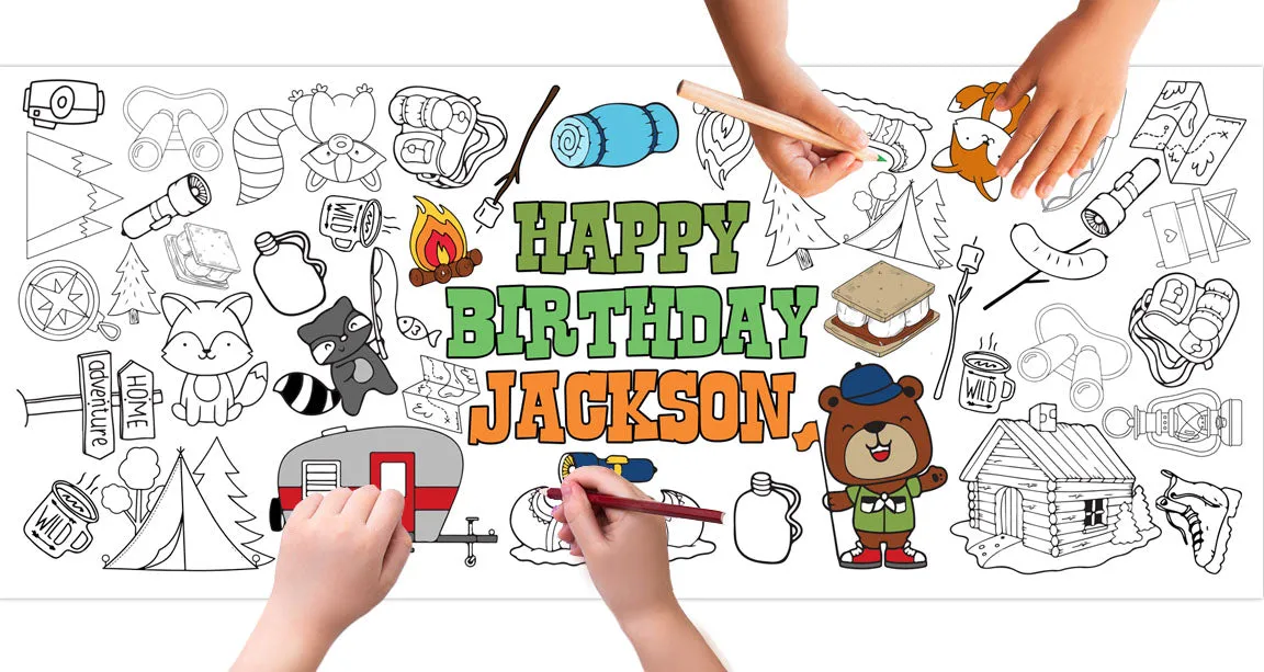 Personalized Camping Birthday Coloring Banner, Poster, Paper Table Cover