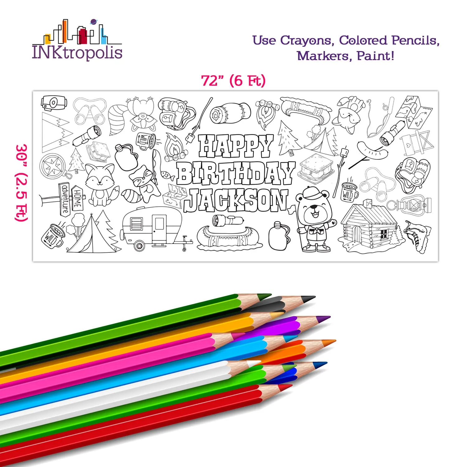 Personalized Camping Birthday Coloring Banner, Poster, Paper Table Cover