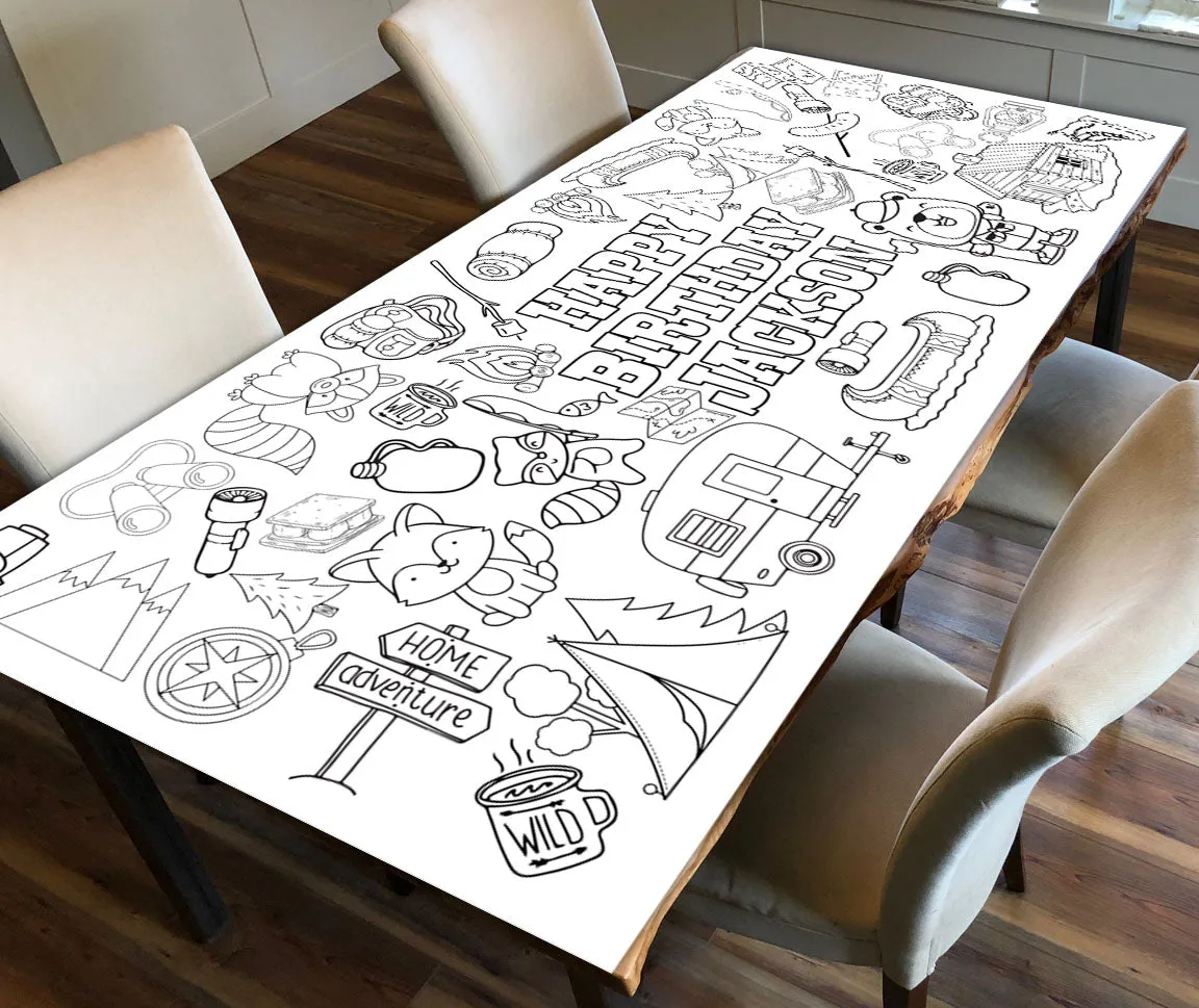 Personalized Camping Birthday Coloring Banner, Poster, Paper Table Cover