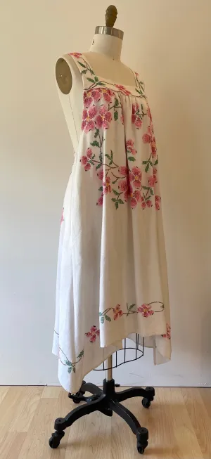 *Pink Dogwood Blossom* ~ Vintage Hand Embroidered Tablecloth Dress ~ Size XL