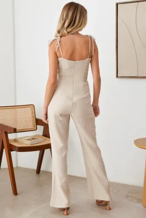 Plain Boho Wide Leg Shoulder Strap With Tie Sweetheart Neckline Beach Linen Jumpsuit