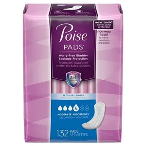 Poise Incontinence Pads, Moderate Absorbency, Blue, Regular 66 Count (Pack of 2)