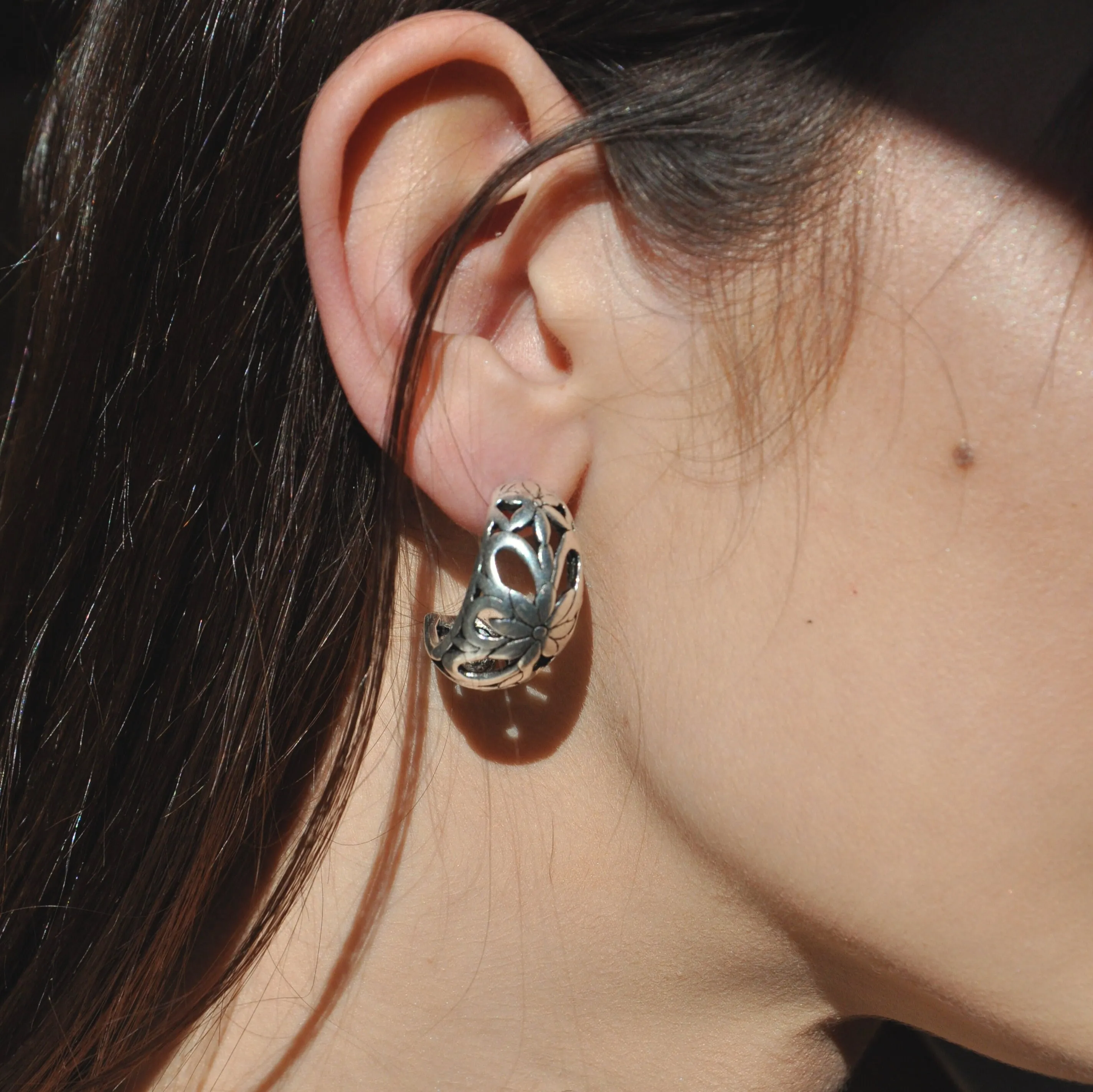 Reproduction Gold Plated Floral Half Hoop Earrings