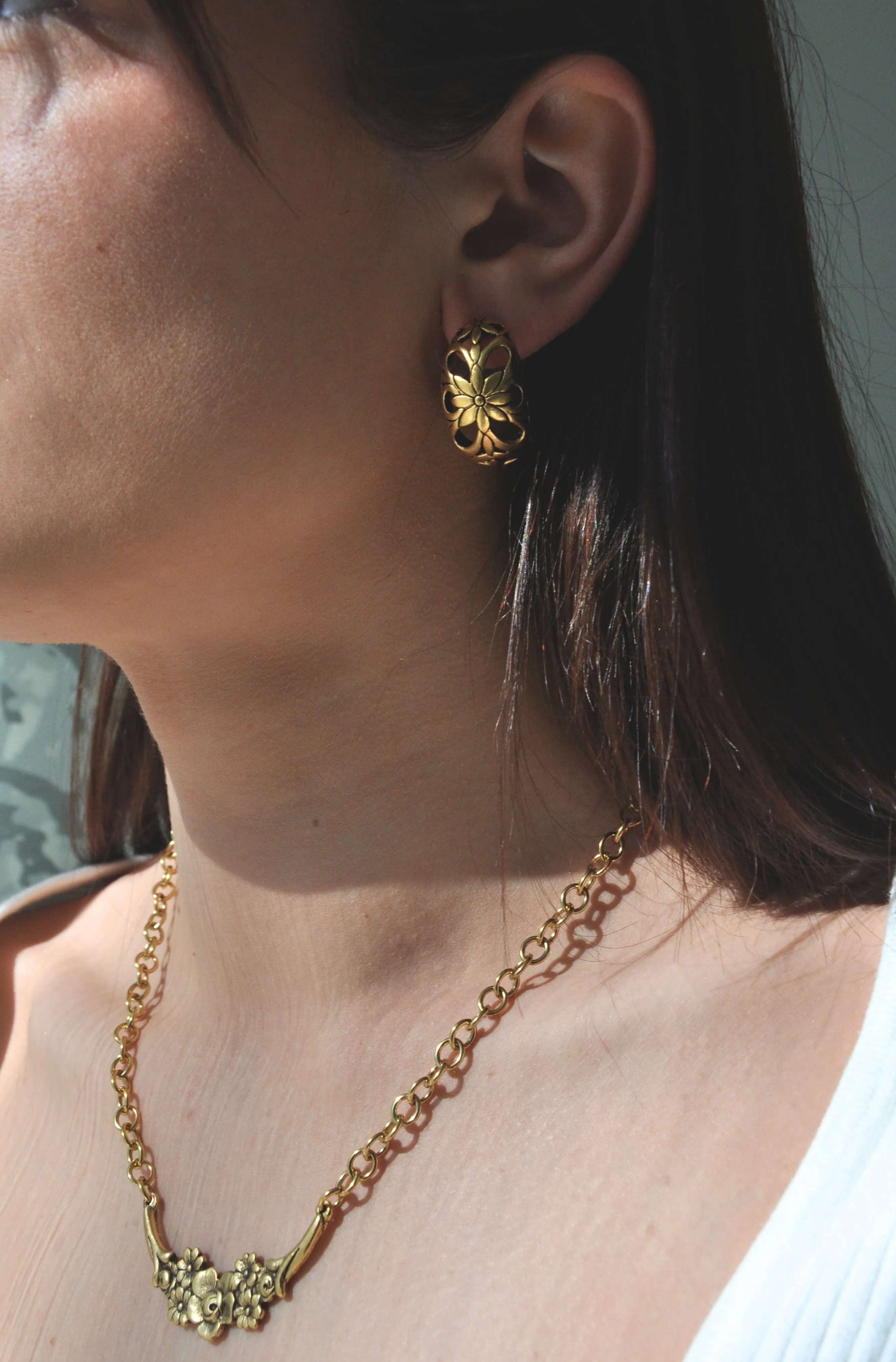 Reproduction Gold Plated Floral Half Hoop Earrings