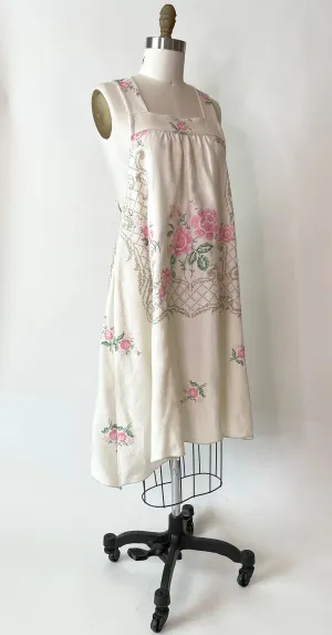 *Rose Garden* ~ Hand Embroidered Vintage Linen Tablecloth Dress ~ Size S