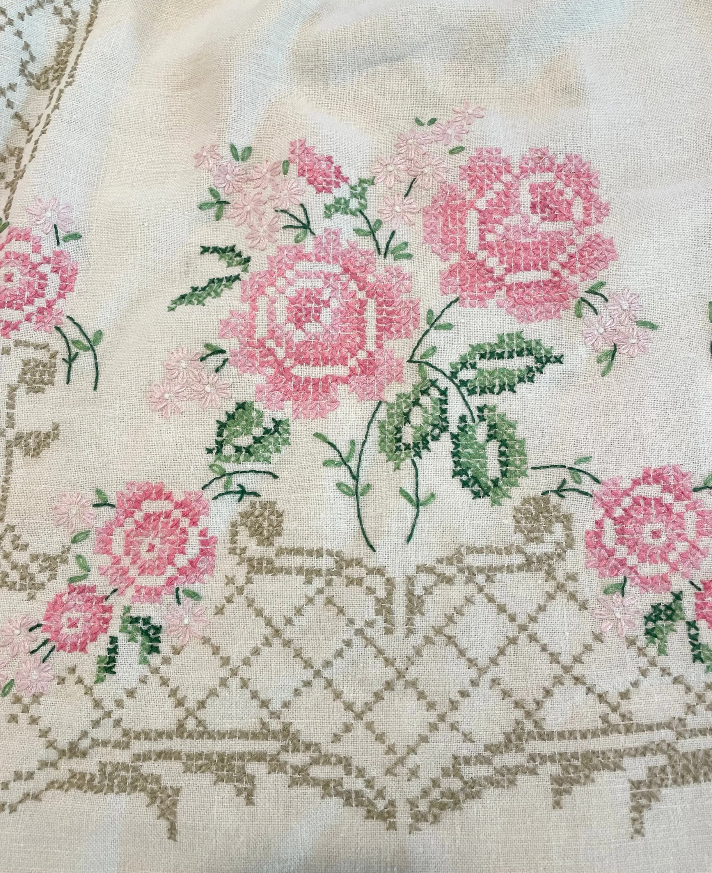 *Rose Garden* ~ Hand Embroidered Vintage Linen Tablecloth Dress ~ Size S