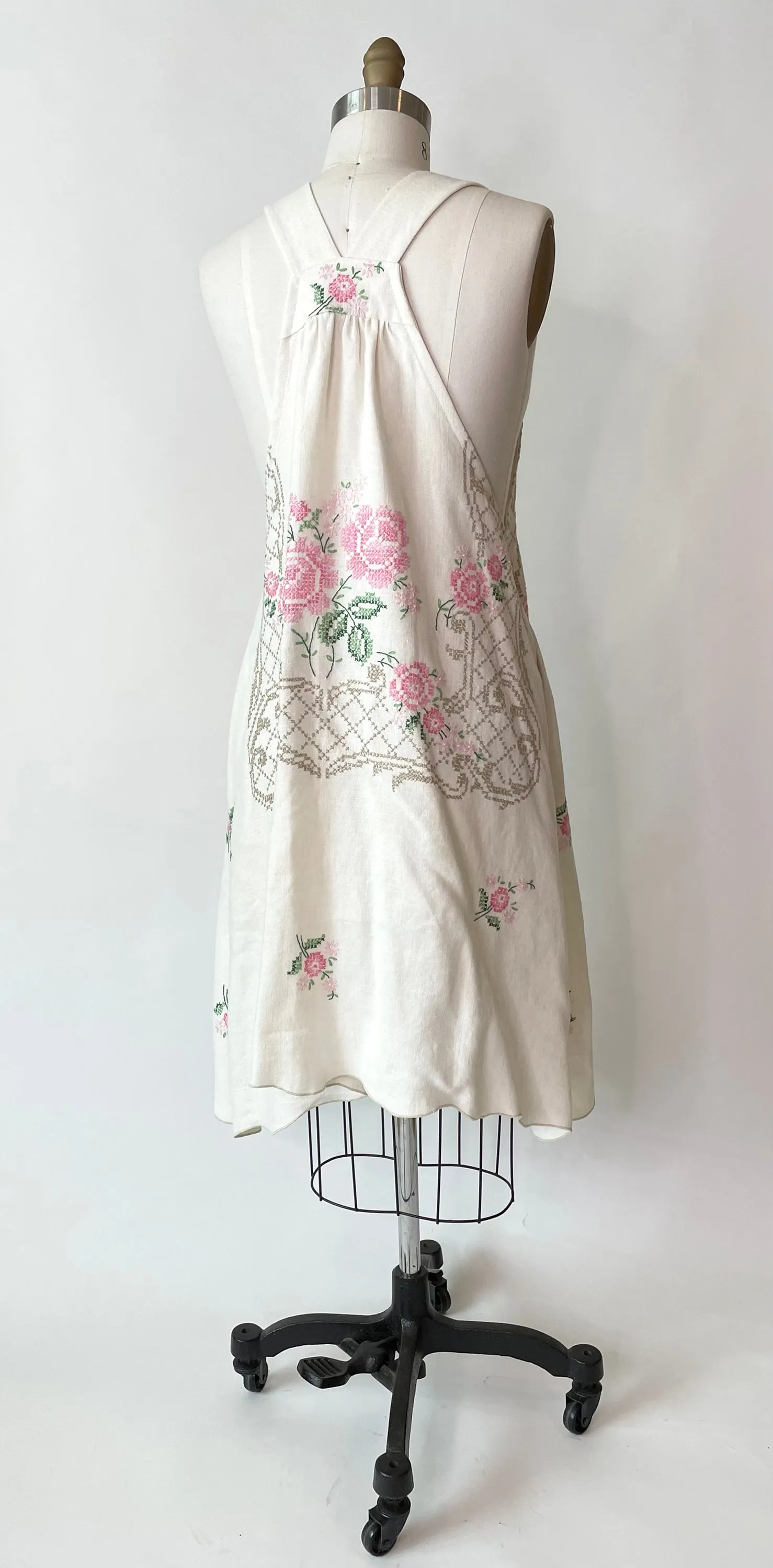 *Rose Garden* ~ Hand Embroidered Vintage Linen Tablecloth Dress ~ Size S