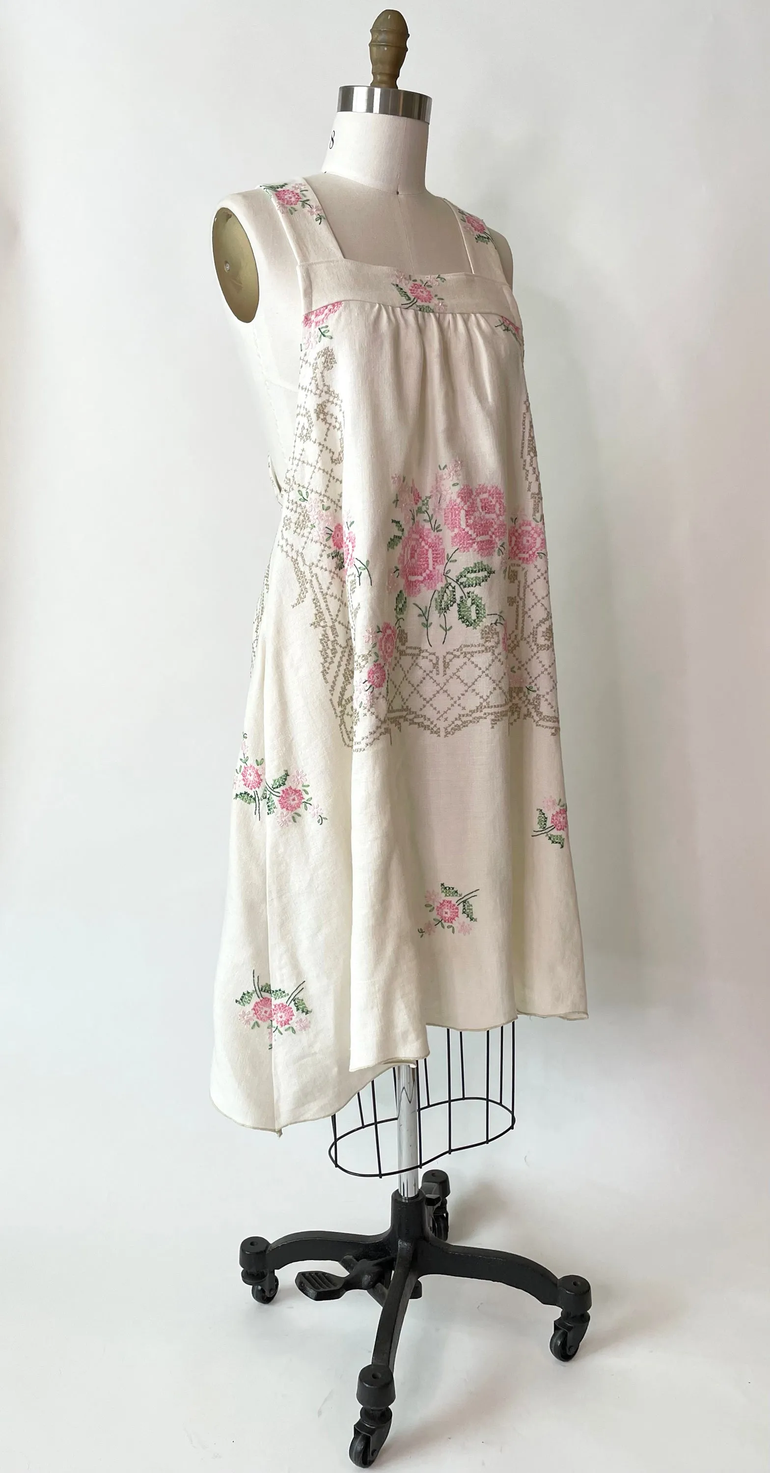*Rose Garden* ~ Hand Embroidered Vintage Linen Tablecloth Dress ~ Size S