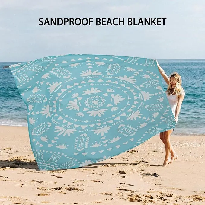 Sandproof Beach Blanket, 110''×118'' Extra Large Sand Free Waterproof Beach Mat 8 Adults, Polyester Lightweight Picnic Blanket with 4 Stakes & Pockets for Travel, Camping, Hiking - Boho Turquoise