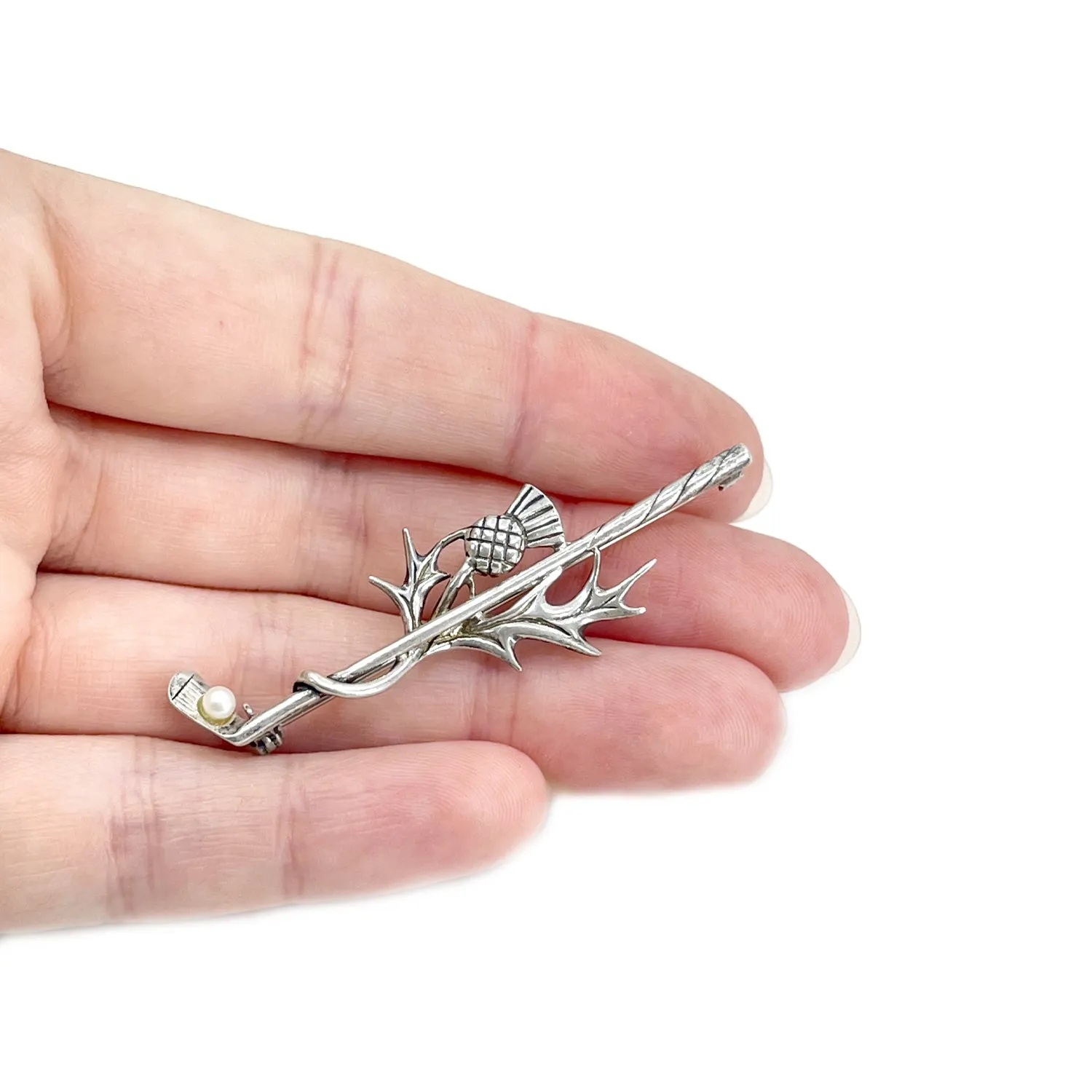 Scottish Thistle Golf Club Vintage Japanese Saltwater Akoya Cultured Pearl Brooch- Sterling Silver