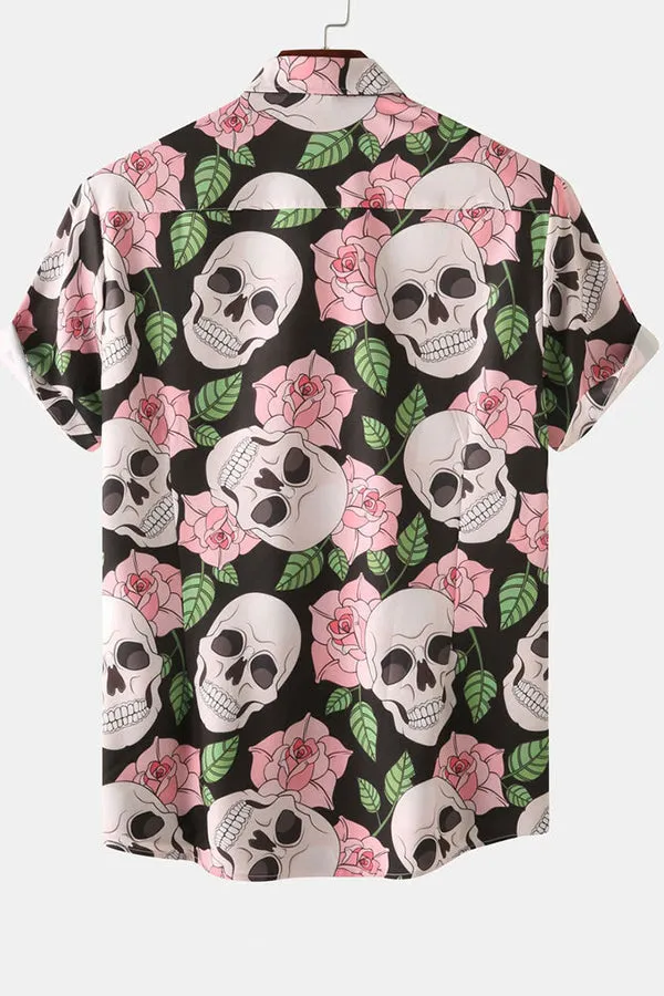 Skull Rose Print Button Up Shirt